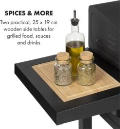 Klarstein à Charbon Klarstein Meat Machine 45 X 32,5 Cm, Thermomètre, Roues, Deux Tables D'appoint Pratiques En Bois De 25 X 19 Cm, Noir -Grill Feu Maison 1112x1200