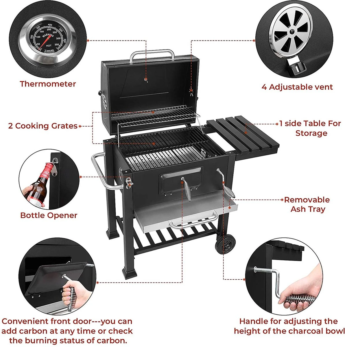Barbecue - Bbq Charbon De Bois - Grill Chariot Émaillé - Chariot Bbq - 113X53,5X100 Cm, Avec Ouvre - Thermomètre - Cendrier Amovible - Crochet - Planches - Feuille De Charbon De Bois - 3 Grilles - 2 Roues 5 Barbecue - Bbq Charbon De Bois - Grill Chariot Émaillé - Chariot Bbq - 113X53,5X100 Cm, Avec Ouvre - Thermomètre - Cendrier Amovible - Crochet - Planches - Feuille De Charbon De Bois - 3 Grilles - 2 Roues – Image 5