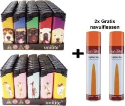 100 Pièces Briquets Rechargeables - Marque Unilite Elektronik Briquet Clic - Avec Impression + 2 Bouteilles De Gaz Gratuites