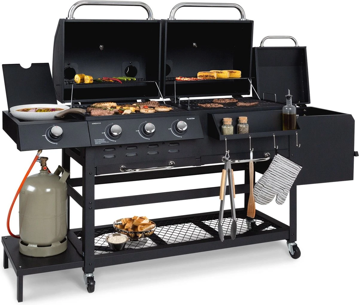 Klarstein Kingsville Double - Combi Fumoir à Charbon & Barbecue à Gaz 13,5kW - 3+1 Brûleurs - 2 Surfaces De Barbecue En Fonte 11 Klarstein Kingsville Double - Combi Fumoir à Charbon & Barbecue à Gaz 13,5kW - 3+1 Brûleurs - 2 Surfaces De Barbecue En Fonte – Image 11