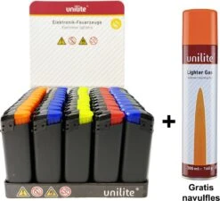 50 Pièces Briquets - Caoutchouc Mat Soft Au Toucher - Marque Unilite - Briquet Rechargeable + Bouteille De Gaz Offerte