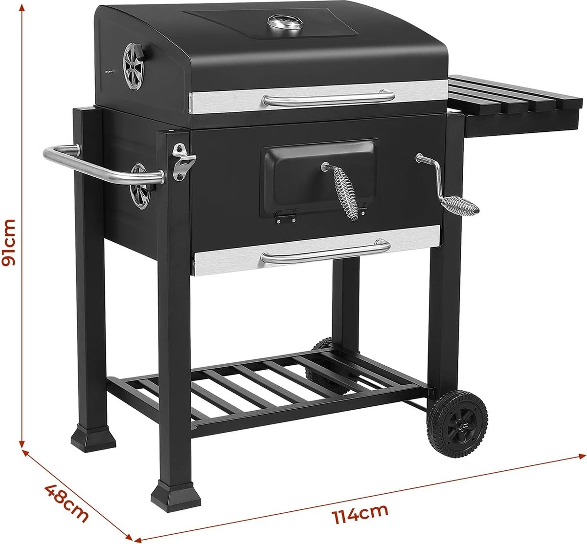 Barbecue - Bbq Charbon De Bois - Grill Chariot Émaillé - Chariot Bbq - 113X53,5X100 Cm, Avec Ouvre - Thermomètre - Cendrier Amovible - Crochet - Planches - Feuille De Charbon De Bois - 3 Grilles - 2 Roues 3 Barbecue - Bbq Charbon De Bois - Grill Chariot Émaillé - Chariot Bbq - 113X53,5X100 Cm, Avec Ouvre - Thermomètre - Cendrier Amovible - Crochet - Planches - Feuille De Charbon De Bois - 3 Grilles - 2 Roues – Image 3
