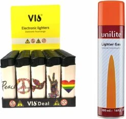 Briquets Unilite 50 Pièces Dans Un Plateau - Imprimé Paix - Briquet à Clic Rechargeable - Briquets électroniques + Bouteille De Gaz