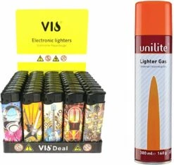 Briquets Clic 50 Pièces Dans Un Plateau - Impression De Musique De Guitare - Briquet Rechargeable - Briquets Unilite + Bouteille De Gaz