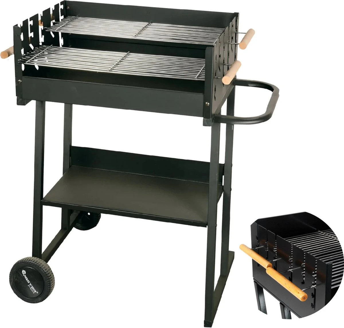 BBQ Rectangulaire Cheqo® - Barbecue Sur Roues - Charbon De Bois - 82x47x90cm - Hauteur De Cuisson Réglable 75-87cm - Surface De Cuisson 59x41cm - Avec Paravent - Mobile