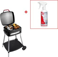 Fritel BBQ 3278 - Barbecue électrique Et Grill De Table + Adoucisseur De Graisse OFFERT - Surface De Grill 40x36cm + Base + Couvercle + Roues - Noir