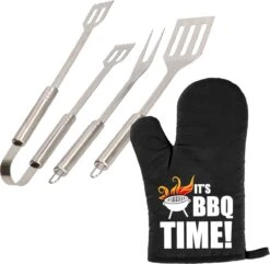 Ensemble De 3 Outils Pour Barbecue/bbq 33 Cm En Acier Inoxydable - Avec Gant De BBQ C'est L'heure Du BBQ ! - Cadeau Papa / Vaderdag