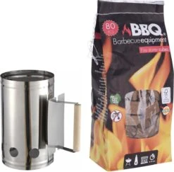 Allumeur De Briquettes De Barbecue En Acier Inoxydable Avec Manche En Bois 27 X 17 Cm - Y Compris 80x Allume-feux Pour BBQ