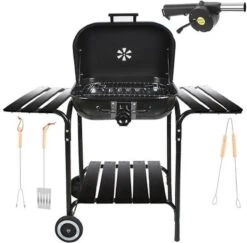EASTWALL Charcoal Grill Barbecue XL - Barbecue Avec Table D'appoint - Barbecue à Charbon Mobile - Incl. Outils Et Ventilateur Pour Barbecue - 97,5x46,5x82 Cm - Acier Inoxydable - Noir