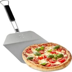Relaxdays Pelle à Pizza En Acier Inoxydable - Spatule à Pizza Manche En Bois - Cuillère à Pain - Pliable - 29x29 Cm
