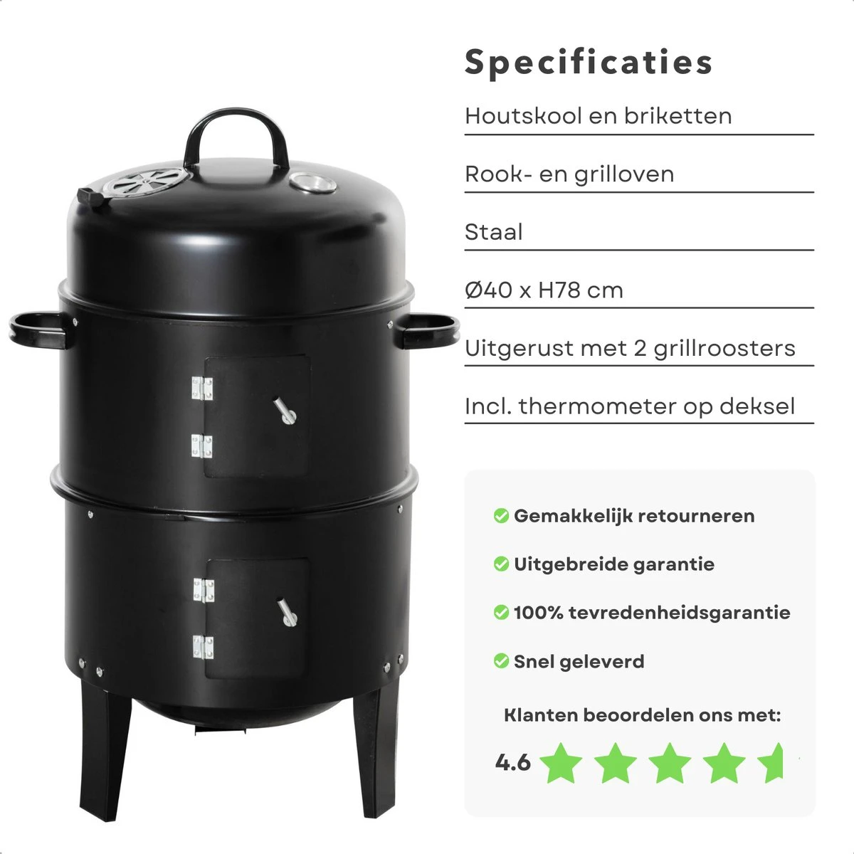 Cheqo® BBQ Smoker - Fumoir Et Four Grill - Ø40 X H78 Cm - Acier - 2 Grilles - Thermomètre - Charbon De Bois/ Briquettes - 6,9 Kg - Barbecue Smoker 3 Cheqo® BBQ Smoker - Fumoir Et Four Grill - Ø40 X H78 Cm - Acier - 2 Grilles - Thermomètre - Charbon De Bois/ Briquettes - 6,9 Kg - Barbecue Smoker – Image 3