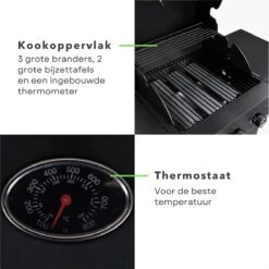 Barbecue à Gaz Cheqo® Avec Brûleurs - BQQ - 106 X 53 X H102 Cm - Mobile De Cuisine D'extérieur - 2 Tables D'appoint - Thermomètre - Métal Enduit De Poudre - 14,7 Kg - Sans Tuyau Ni Régulateur De Pression - Titre Par Défaut -Grill Feu Maison 1200x1200 167