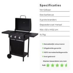 Barbecue à Gaz Cheqo® Avec Brûleurs - BQQ - 106 X 53 X H102 Cm - Mobile De Cuisine D'extérieur - 2 Tables D'appoint - Thermomètre - Métal Enduit De Poudre - 14,7 Kg - Sans Tuyau Ni Régulateur De Pression - Titre Par Défaut -Grill Feu Maison 1200x1200 169