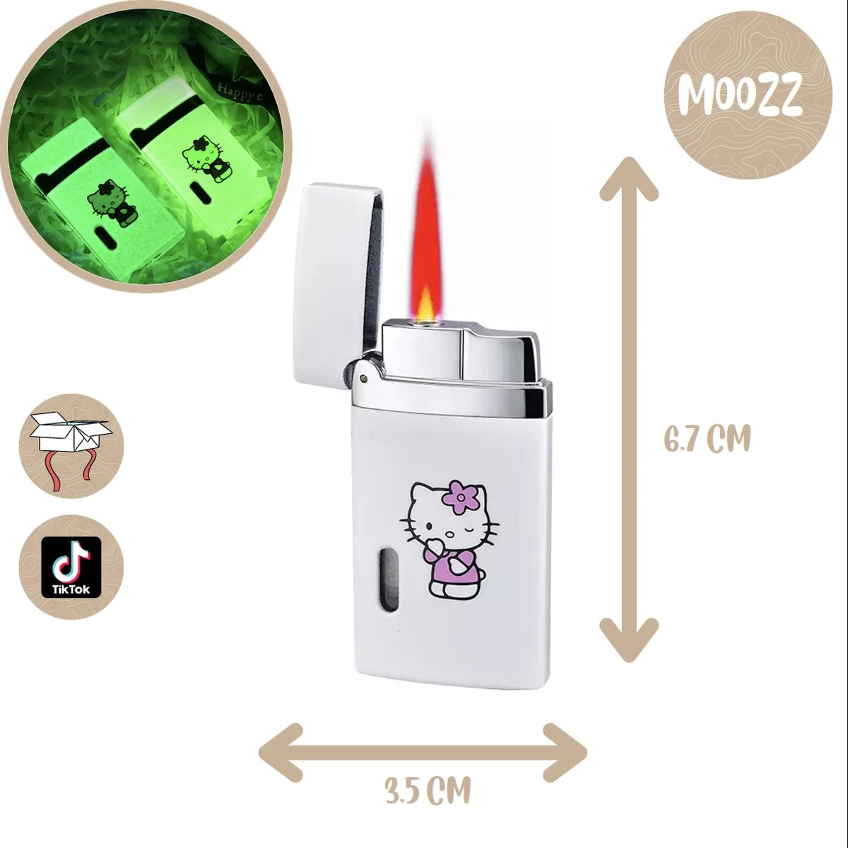 Briquet Moozz® Hello Kitty Glow In The Dark Avec Flamme Rose - Connu De TikTok - Rechargeable Et Coupe-vent 1 Briquet Moozz® Hello Kitty Glow In The Dark Avec Flamme Rose - Connu De TikTok - Rechargeable Et Coupe-vent