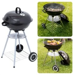 Cheqo® Kogelbarbecue Sur Roues - Barbecue - BBQ - Bullet Grill - Barbecue à Charbon - 46cm De Diamètre - 78cm De Hauteur - 70cm De Hauteur De Cuisson - Revêtement En Poudre - Mobile - Avec Grille De Rangement - Poignée - Zwart