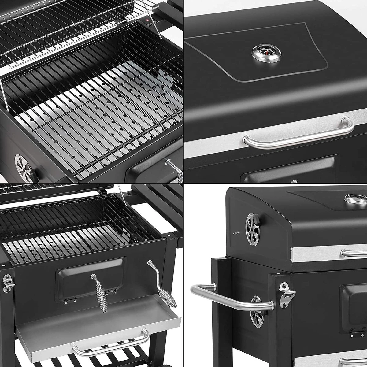 Barbecue - Bbq Charbon De Bois - Grill Chariot Émaillé - Chariot Bbq - 113X53,5X100 Cm, Avec Ouvre - Thermomètre - Cendrier Amovible - Crochet - Planches - Feuille De Charbon De Bois - 3 Grilles - 2 Roues 4 Barbecue - Bbq Charbon De Bois - Grill Chariot Émaillé - Chariot Bbq - 113X53,5X100 Cm, Avec Ouvre - Thermomètre - Cendrier Amovible - Crochet - Planches - Feuille De Charbon De Bois - 3 Grilles - 2 Roues – Image 4