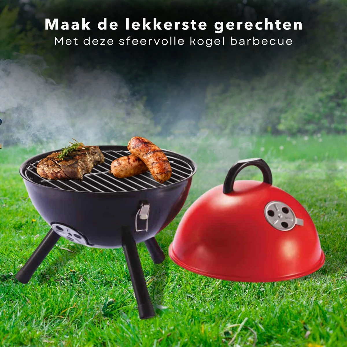 Cheqo® Kogelbarbecue - BBQ à Charbon De Bois - Barbecue - Barbecue De Table - Rouge - Ø 32cm - Surface De Cuisson 30cm - Grille De Ventilation Réglable - Capot Rond Verrouillable 3 Cheqo® Kogelbarbecue - BBQ à Charbon De Bois - Barbecue - Barbecue De Table - Rouge - Ø 32cm - Surface De Cuisson 30cm - Grille De Ventilation Réglable - Capot Rond Verrouillable – Image 3