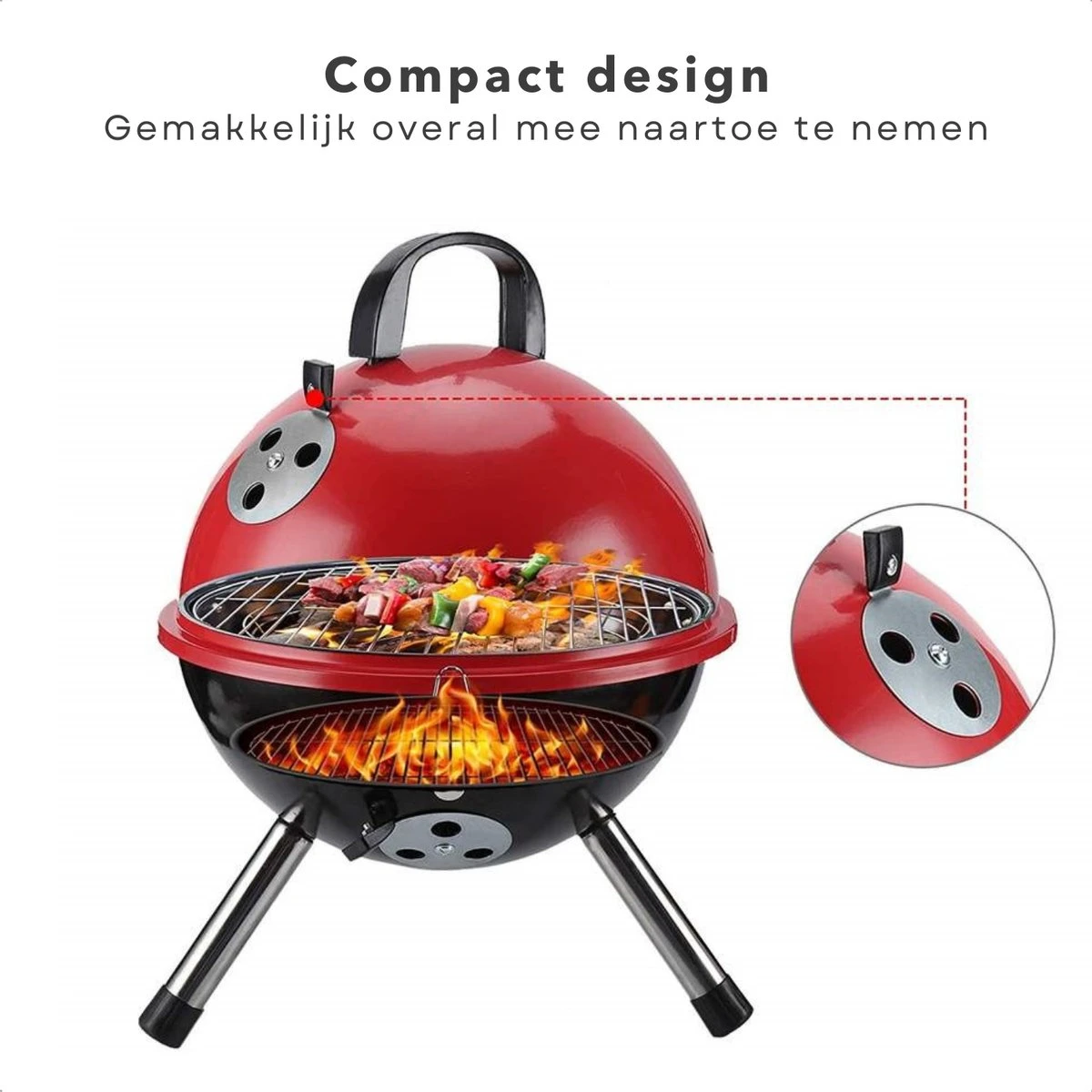 Cheqo® Kogelbarbecue - BBQ à Charbon De Bois - Barbecue - Barbecue De Table - Rouge - Ø 32cm - Surface De Cuisson 30cm - Grille De Ventilation Réglable - Capot Rond Verrouillable 6 Cheqo® Kogelbarbecue - BBQ à Charbon De Bois - Barbecue - Barbecue De Table - Rouge - Ø 32cm - Surface De Cuisson 30cm - Grille De Ventilation Réglable - Capot Rond Verrouillable – Image 6