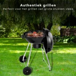 Barbecue à Charbon De Bois Rond De Luxe Cheqo® - Grille De Cuisson 45 Cm - 2 Roues - Support De Rangement Chromé - 82x54x54cm - BBQ -Grill Feu Maison 1200x1200 365