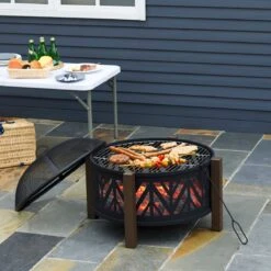 Outsunny Brasero Brasero Avec Grille De Protection Contre Les étincelles Barbecue De Jardin Noir + Marron 842-172 -Grill Feu Maison 1200x1200 398