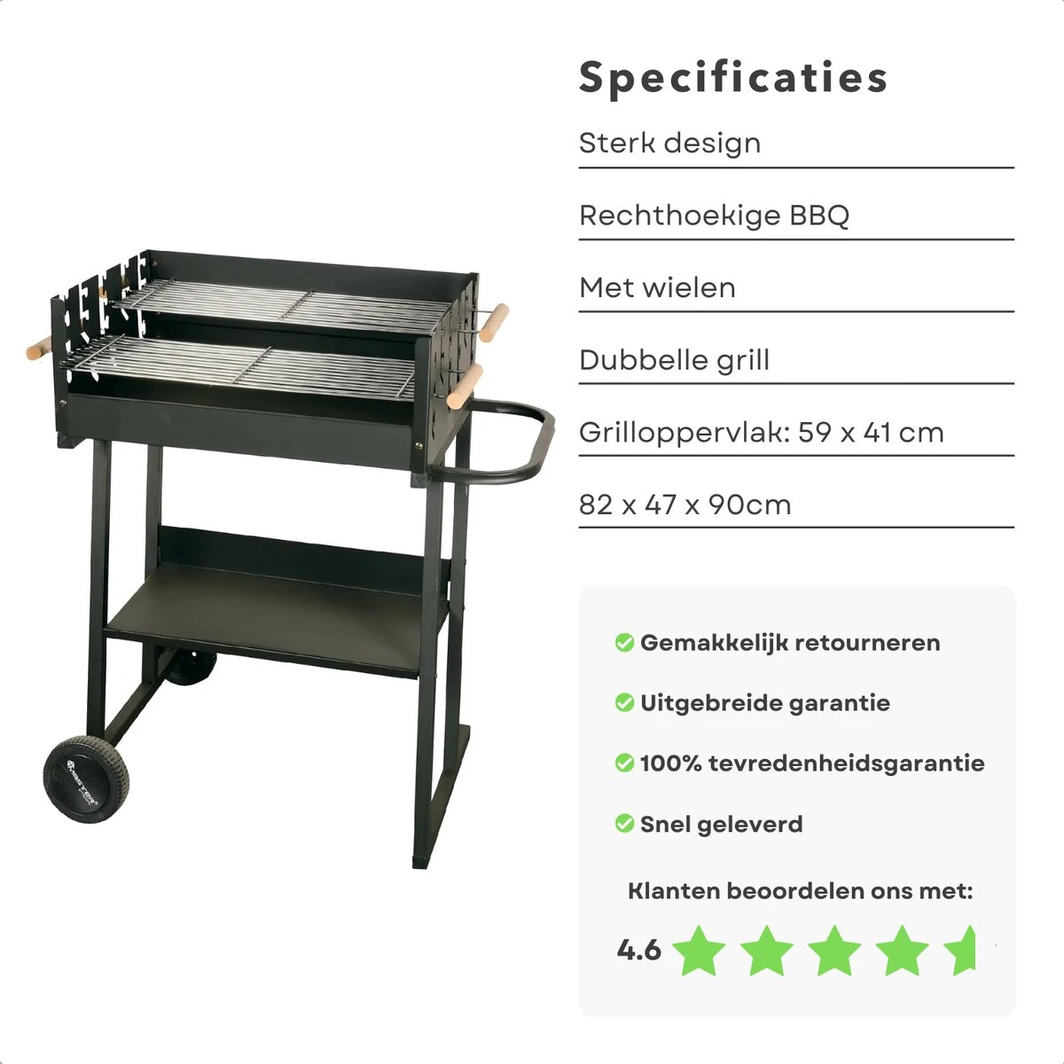 BBQ Rectangulaire Cheqo® - Barbecue Sur Roues - Charbon De Bois - 82x47x90cm - Hauteur De Cuisson Réglable 75-87cm - Surface De Cuisson 59x41cm - Avec Paravent - Mobile 4 BBQ Rectangulaire Cheqo® - Barbecue Sur Roues - Charbon De Bois - 82x47x90cm - Hauteur De Cuisson Réglable 75-87cm - Surface De Cuisson 59x41cm - Avec Paravent - Mobile – Image 4