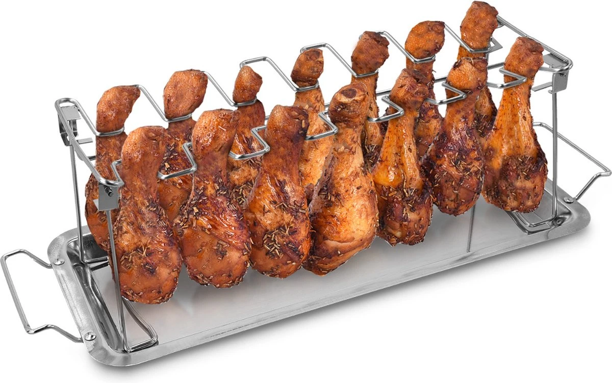 Grille D'ailes De Poulet Navaris Pour Le BBQ - Support De Cuisse De Poulet Avec égouttoir - Accessoire De Gril Et De Barbecue Pour 14 Pièces De Poulet - Acier Inoxydable 1 Grille D'ailes De Poulet Navaris Pour Le BBQ - Support De Cuisse De Poulet Avec égouttoir - Accessoire De Gril Et De Barbecue Pour 14 Pièces De Poulet - Acier Inoxydable