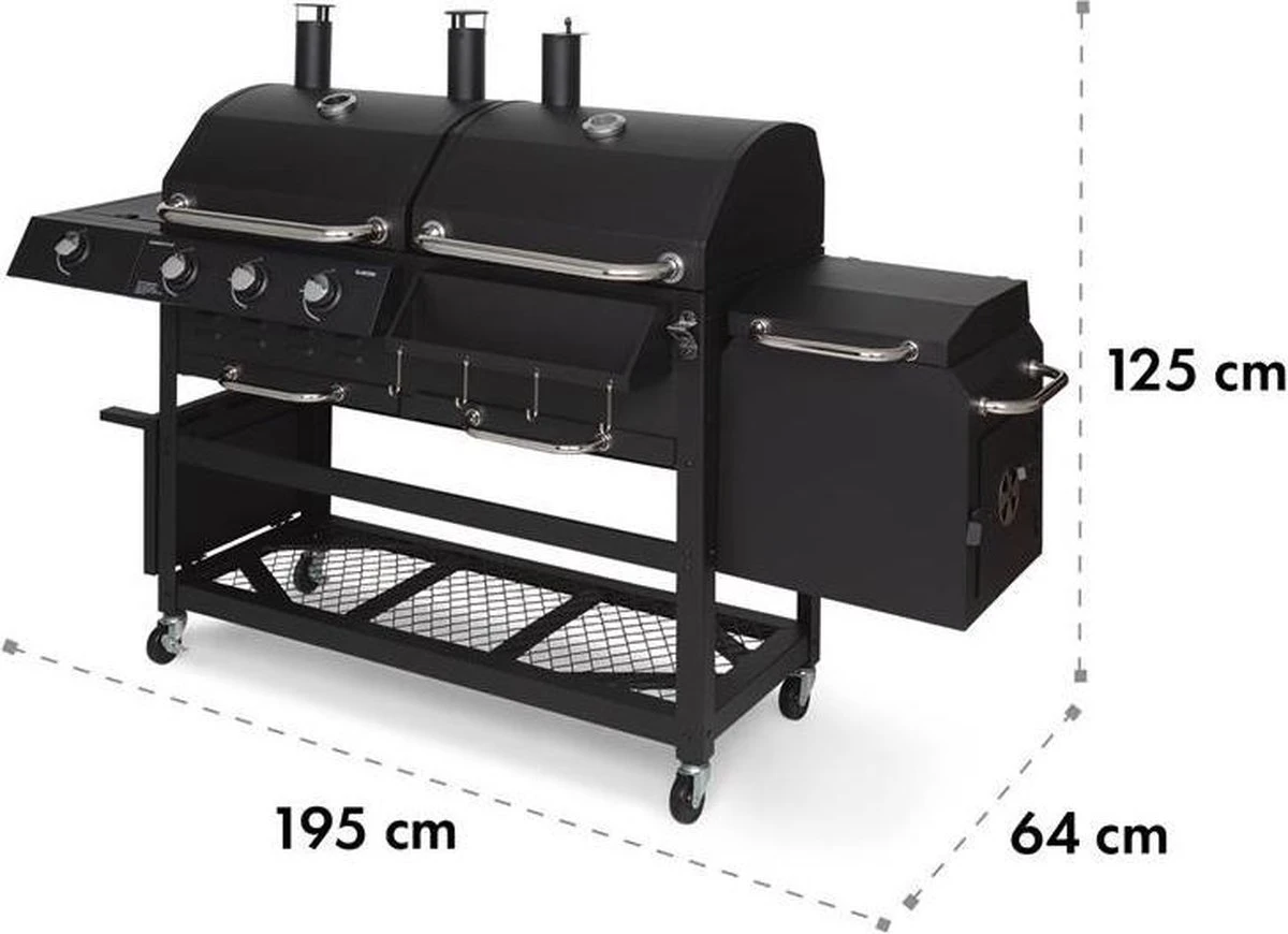 Klarstein Kingsville Double - Combi Fumoir à Charbon & Barbecue à Gaz 13,5kW - 3+1 Brûleurs - 2 Surfaces De Barbecue En Fonte 1 Klarstein Kingsville Double - Combi Fumoir à Charbon & Barbecue à Gaz 13,5kW - 3+1 Brûleurs - 2 Surfaces De Barbecue En Fonte