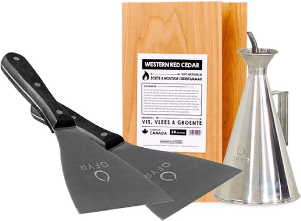 OFYR - Set De Cuisine - 4 Pièces - Bidons D'huile En Acier Inoxydable - 2x Spatules - 2x Planches à Fumer En Bois De Cèdre 1 OFYR - Set De Cuisine - 4 Pièces - Bidons D'huile En Acier Inoxydable - 2x Spatules - 2x Planches à Fumer En Bois De Cèdre