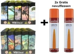 100x Briquets Rechargeables - Unilite - Briquet Clic De Haute Qualité - Avec Tortues Et Imprimé Océan - Avec 2x Bouteilles De Gaz