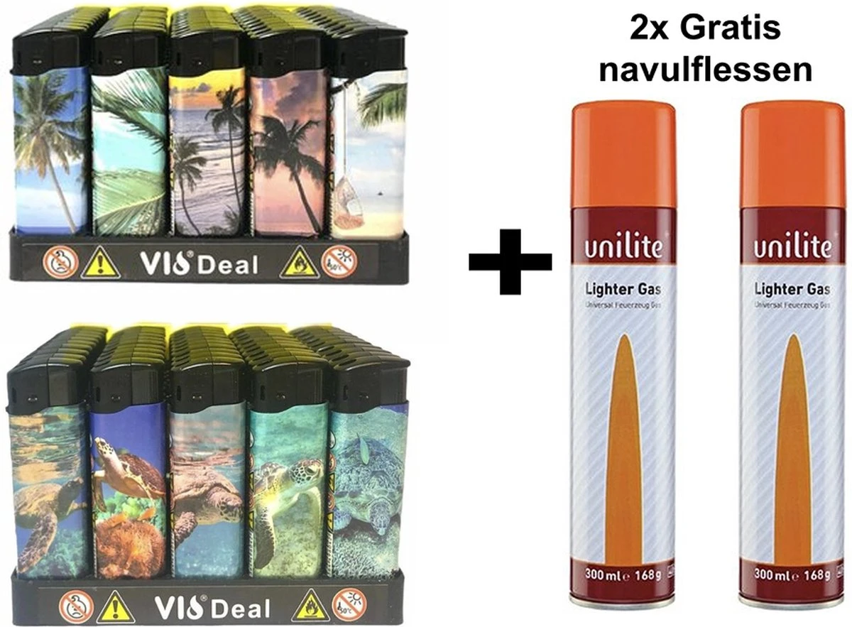 100x Briquets Rechargeables - Unilite - Briquet Clic De Haute Qualité - Avec Tortues Et Imprimé Océan - Avec 2x Bouteilles De Gaz 1 100x Briquets Rechargeables - Unilite - Briquet Clic De Haute Qualité - Avec Tortues Et Imprimé Océan - Avec 2x Bouteilles De Gaz