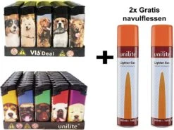 100x Briquets Rechargeables - Unilite - Briquet Clic De Haute Qualité - Imprimé Chien/chiot - Avec 2x Bouteilles De Gaz