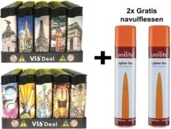 100x Briquets Rechargeables - Unilite - Briquet Clic De Haute Qualité - Avec Monuments Et Impression De Guitare Musicale - Avec 2x Bouteilles De Gaz