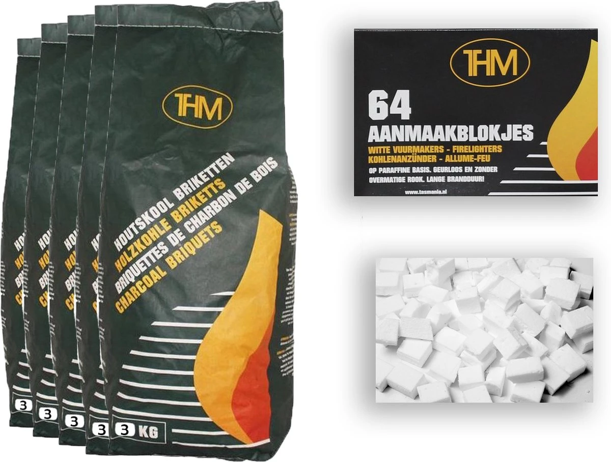 5X Briquettes De Charbon De Bois De 3 KG Avec Allume-feu 64 Pièces - Barbecue - BBQ - 5 Pièces - Briquettes De 15 Kilogrammes 1 5X Briquettes De Charbon De Bois De 3 KG Avec Allume-feu 64 Pièces - Barbecue - BBQ - 5 Pièces - Briquettes De 15 Kilogrammes