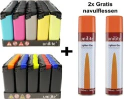 100 Pièces Briquets - Caoutchouc Mat Soft Au Toucher - Unilite - Briquet Rechargeable + 2 Bouteilles De Gaz Gratuites