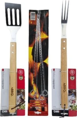 Set BBQ - Fourchette / Spatule / Pics à Brochettes - Acier Inoxydable / Bois - Coffret Cadeau - 3 Pièces