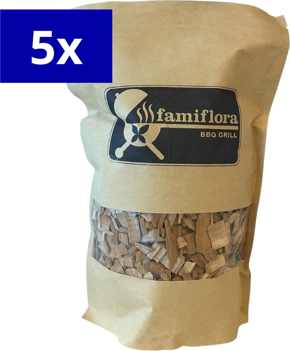 Famiflora BBQ Smoke Chips - Cherry Wood - 8500ML (5 Pièces De 1700ML) - Bois à Fumer Idéal Pour La Volaille, Le Poisson, Le Porc Et Le Bœuf Avec Une Saveur De Fumée Fruitée !